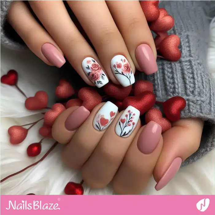 Pink Nails with Roses and Hearts | Valentine Nails - NB2102